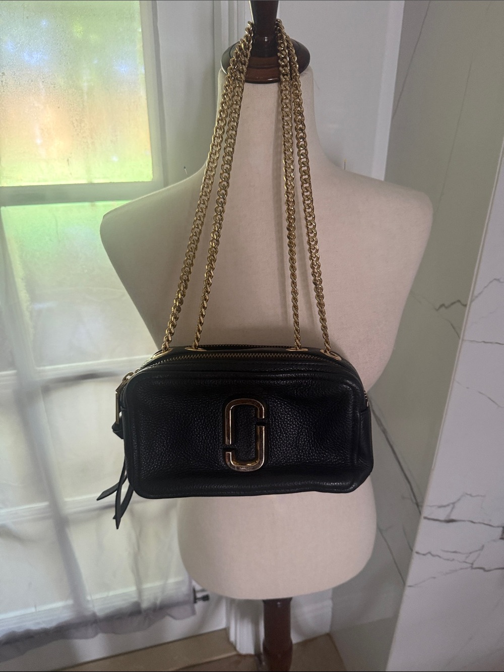 Marc Jacobs Black Leather Camera Crossbody with Gold Chain